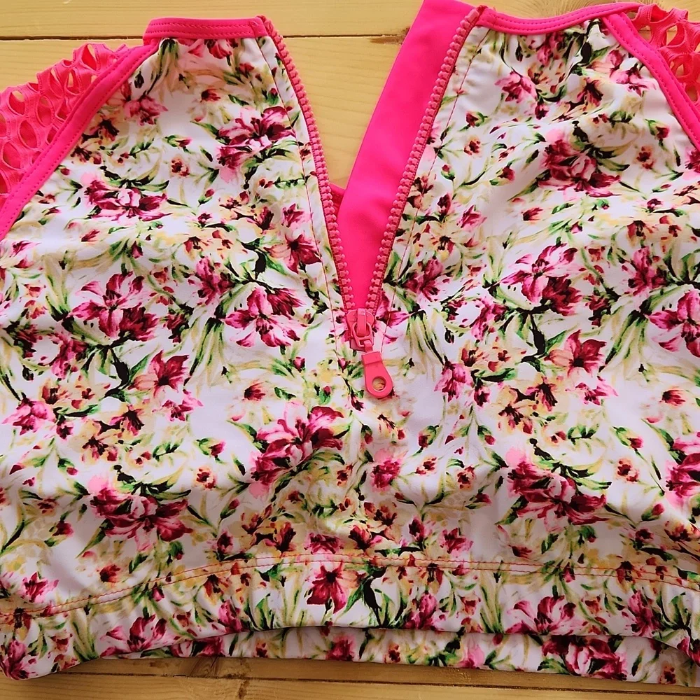 TINIBIKINI Swimwear 2 Pc Swimsuit Crop Top And Bottom Neon Floral M - Picture 6 of 12